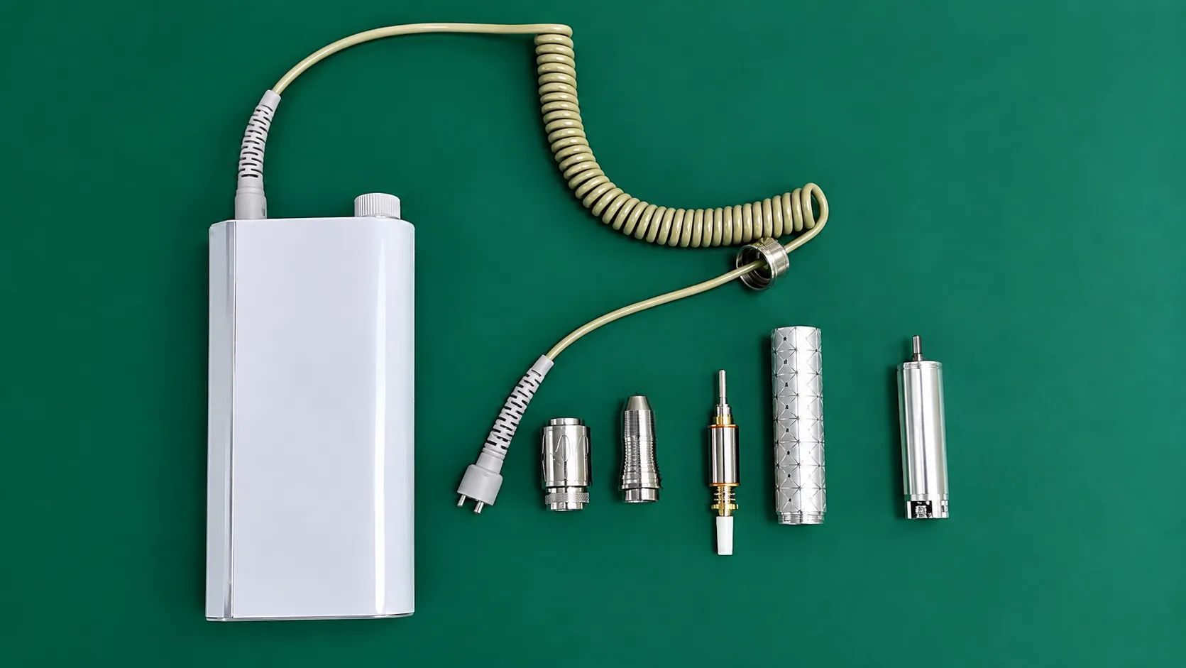 Complete disassembled parts of electric grinder including control box, handpiece shell, and BLDC motor components